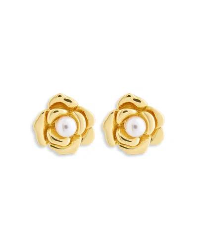 Sterling Forever Rosa Imitation Pearl Rose Stud Earrings In Gold