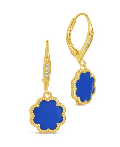 Sterling Forever Rose Petal Short Drop Earrings In Gold,blue Enamel