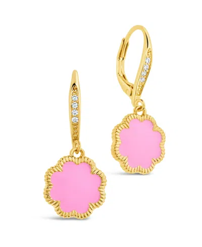Sterling Forever Rose Petal Short Drop Earrings In Gold,pink Enamel