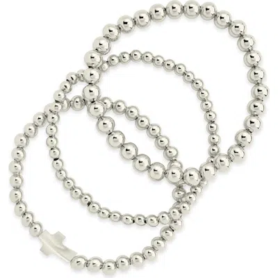 Sterling Forever Set Of 3 Arden Mother-of-pearl Cross Beaded Bracelets In Silver