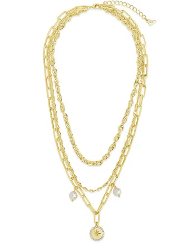 Sterling Forever Shine 14k Plated Pearl Navigator Layered Chain Necklace In Gold