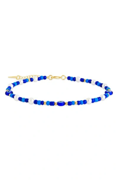 Sterling Forever Sibyl Evil Eye Beaded Anklet In Gold