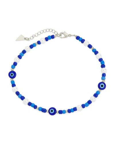 Sterling Forever Silver 5.5mm Pearl Sibyl Evil Eye Charm Anklet In Gold