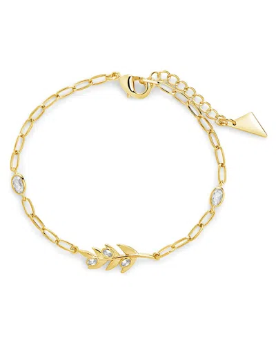 Sterling Forever Sicily Stationed Cz Leaf & Chain Bracelet In Gold