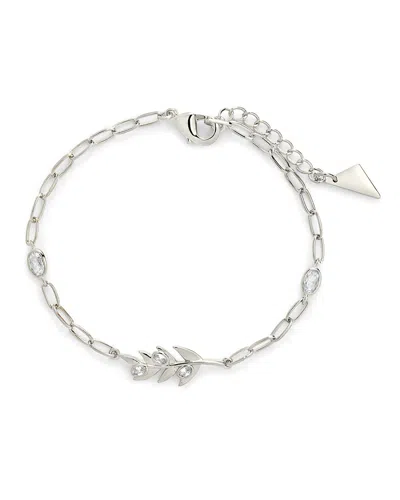 Sterling Forever Sicily Stationed Cz Leaf & Chain Bracelet In Silver