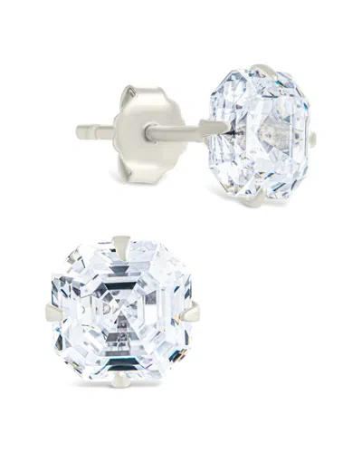 Sterling Forever Silver Cz Asscher Cut Prong Set Stud Earrings