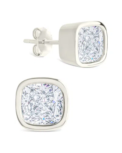 Sterling Forever Silver Cz Cushion Cut Bezel Set Stud Earrings In Metallic
