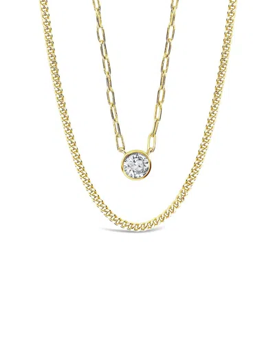 Sterling Forever Silver Cz Delicate 2 Layer Chain Bezel Charm Necklace In Gold
