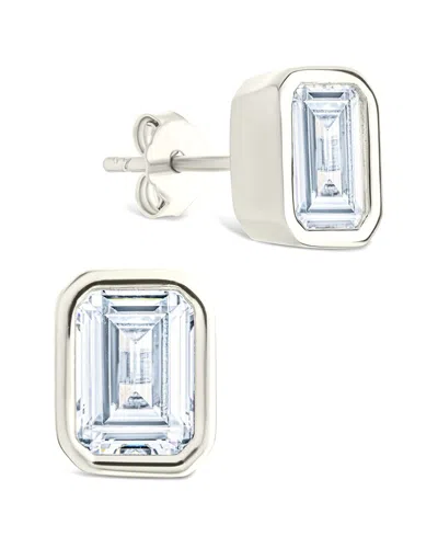 Sterling Forever Silver Cz Emerald Cut Bezel Set Stud Earrings In Metallic