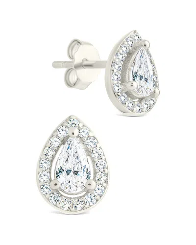 Sterling Forever Silver Cz Pear Cut Brilliant Halo Stud Earrings In Metallic