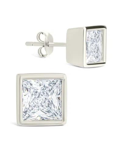 Sterling Forever Silver Cz Princess Cut Bezel Set Stud Earrings