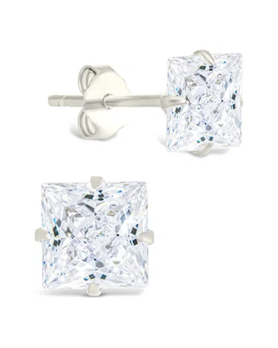 Sterling Forever Silver Cz Princess Cut Prong Set Stud Earrings In Metallic