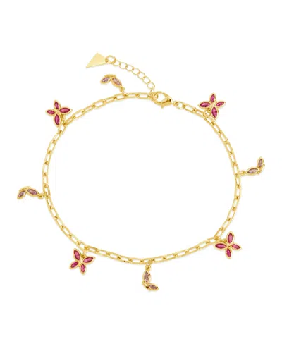 Sterling Forever Silver-tone Or Gold-tone Pink Cubic Zirconia Butterfly Charm Caria Anklet