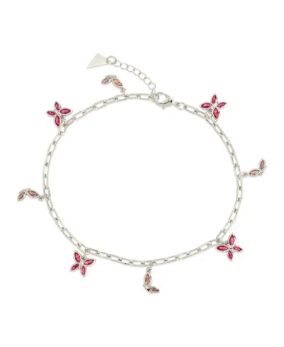 Sterling Forever Silver-tone Or Gold-tone Pink Cubic Zirconia Butterfly Charm Caria Anklet