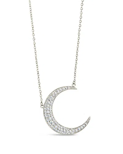 Sterling Forever Stationed Cz Crescent Pendant Necklace In Silver