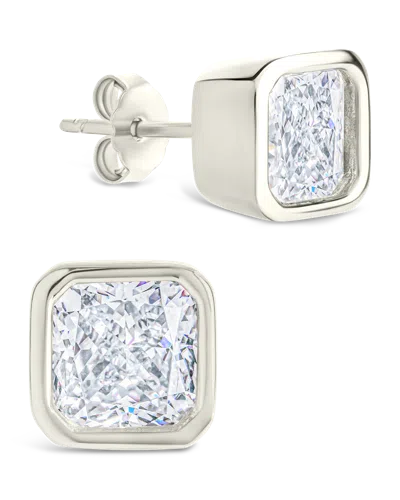 Sterling Forever Sterling Silver Asscher Cut Bezel Set Stud Earrings In Metallic