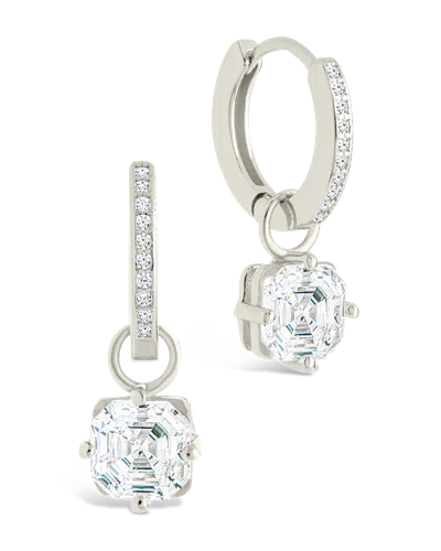 Sterling Forever Sterling Silver Augusta Asscher Cut Cz Dangle Micro Hoops In Metallic
