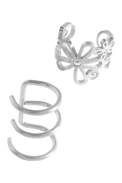 Sterling Forever Sterling Silver Bezel Set Cubic Zirconia Flower & Multi-row Mismatched Ear Cuff Set