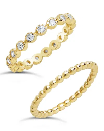 Sterling Forever Sterling Silver Bezel Set Cz & Beaded Band Stackable Ring Set In Gold