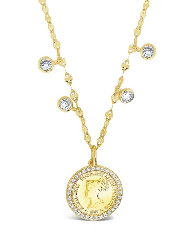 Sterling Forever 14k Over Silver Cz Coin Medallion & Charm Necklace In Gold