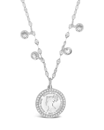 Sterling Forever Sterling Silver Coin Medallion & Bezel Cz Charm Necklace In Metallic