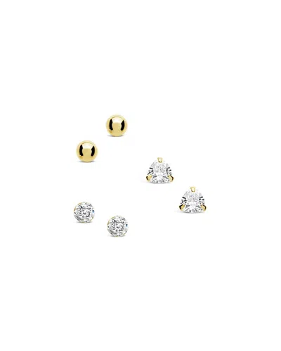 Sterling Forever Sterling Silver Cz & Bead Stud Earring Set Of 3 In Gold