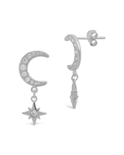 Sterling Forever Sterling Silver Cz Crescent & Star Drop Studs In Metallic