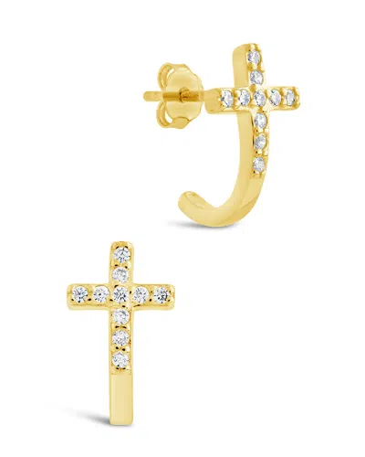 Sterling Forever Sterling Silver Cz Cross Huggie Hoop Earrings In Gold