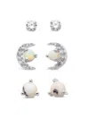 Sterling Forever Sterling Silver Cz, Marble, & Opal Crescent Stud Earring Set Of 3 In Silver