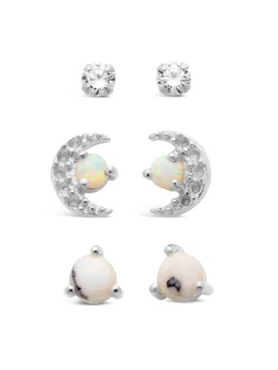 Sterling Forever Sterling Silver Cz, Marble, & Opal Crescent Stud Earring Set Of 3