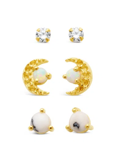 Sterling Forever Sterling Silver Cz, Marble, & Opal Crescent Stud Earring Set Of 3 In Gold