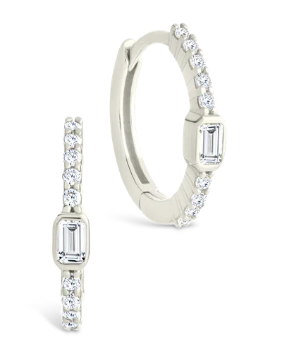 Sterling Forever Sterling Silver Emerald Cut Bezel Set Huggie Hoop Earrings In Metallic