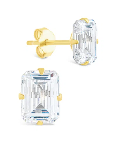 Sterling Forever 14k Over Silver Cz Emerald Cut Prong Set Stud Earrings In Gold