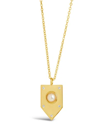 Sterling Forever Sterling Silver Marcella Cz & Pearl Shield Pendant Necklace In Gold