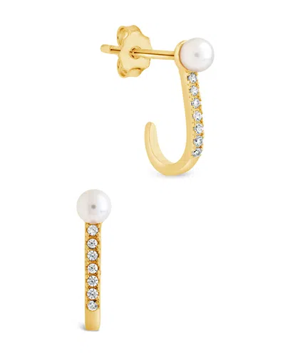 Sterling Forever Sterling Silver Pearl & Cz Suspender Stud Earrings In Gold