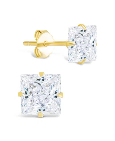 Sterling Forever 14k Over Silver Cz Princess Cut Prong Set Stud Earrings In Gold