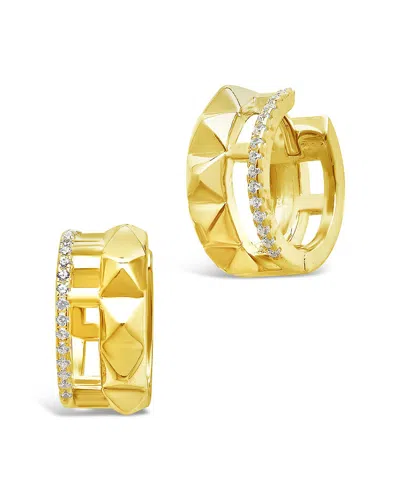 Sterling Forever Sterling Silver Spike & Cz Micro Hoops In Gold
