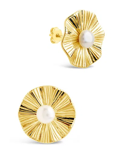 Sterling Forever Sterling Silver Textured Disk & Pearl Stud Earrings In Gold