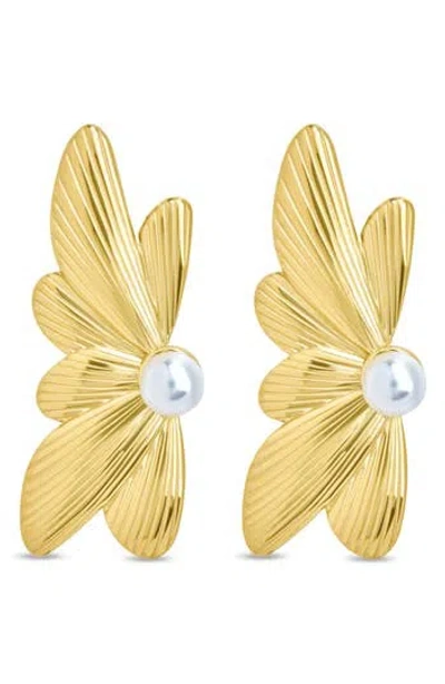 Sterling Forever Susan Faux Pearl Floral Fan Earrings In Gold