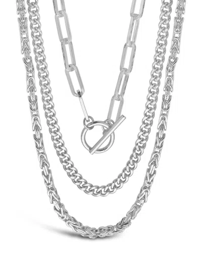 Sterling Forever Triple Layer Toggle And Chain Necklace In Silver