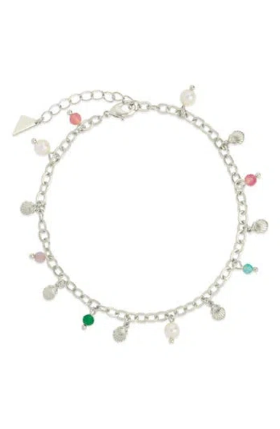 Sterling Forever Truvy Crystal & Freshwater Pearl Charm Anklet In Metallic