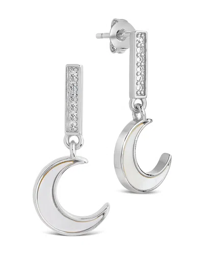 Sterling Forever Valeria Cz & Moonstone Crescent Drop Stud Earrings In Silver
