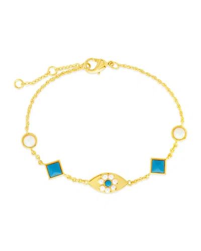 Sterling Forever Varuna Turquoise Evil Eye & Pearl Charm Bracelet In Gold