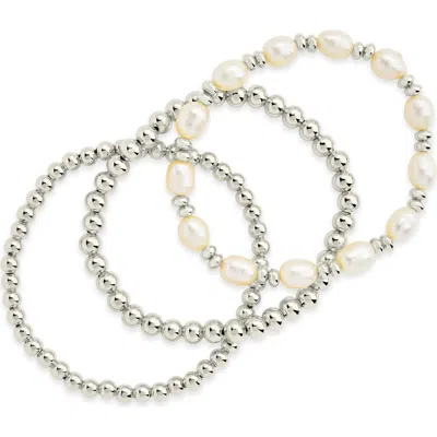 Sterling Forever Viola Set Of 3 Pearl Beaded Bracelets In Silver