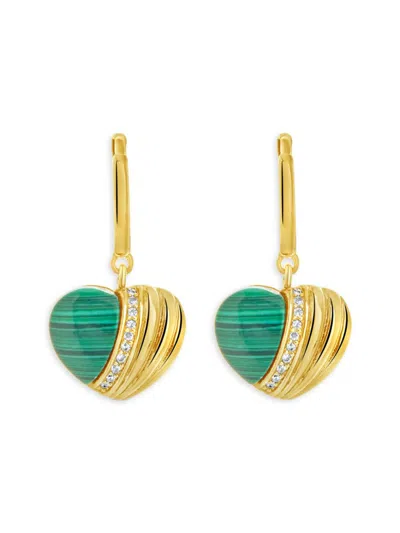 Sterling Forever Women's 14k Goldplated, Malachite & Cubic Zirconia Heart Huggie Hoop Earrings In Brass