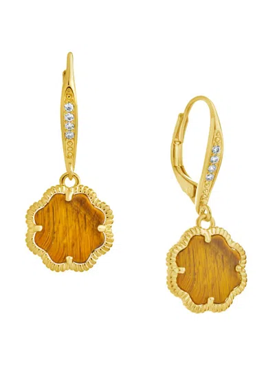 Sterling Forever Women's 14k Goldplated, Tiger's Eye & Cubic Zirconia Clover Huggie Earrings In Brass