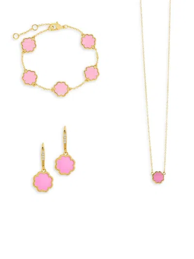 Sterling Forever Women's 3-piece 14k Goldplated, Pink Turquoise Flower Earrings, Necklace & Bracelet Set