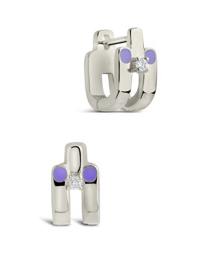 Sterling Forever Zella Cz & Enamel Huggie Hoop Earrings In Silver