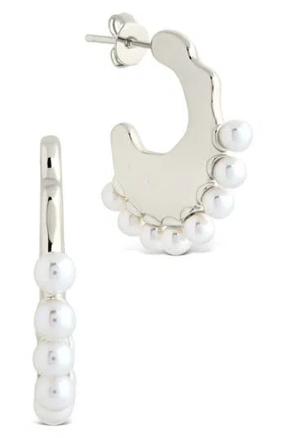 Sterling Forever Zephyra Faux Pearl Hoop Earrings In Silver