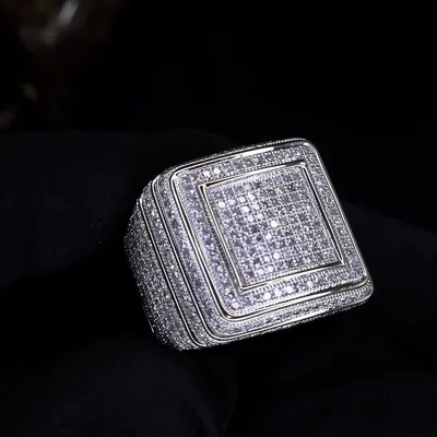 Pre-owned Sterling Iced Out Prong Setting Square Ring | Micro Pave Iced Cz Silver + Gold Plated